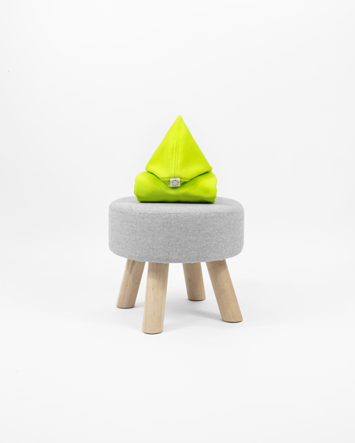 Citrus lime dog clothing with a pointy hood displayed on little chair.