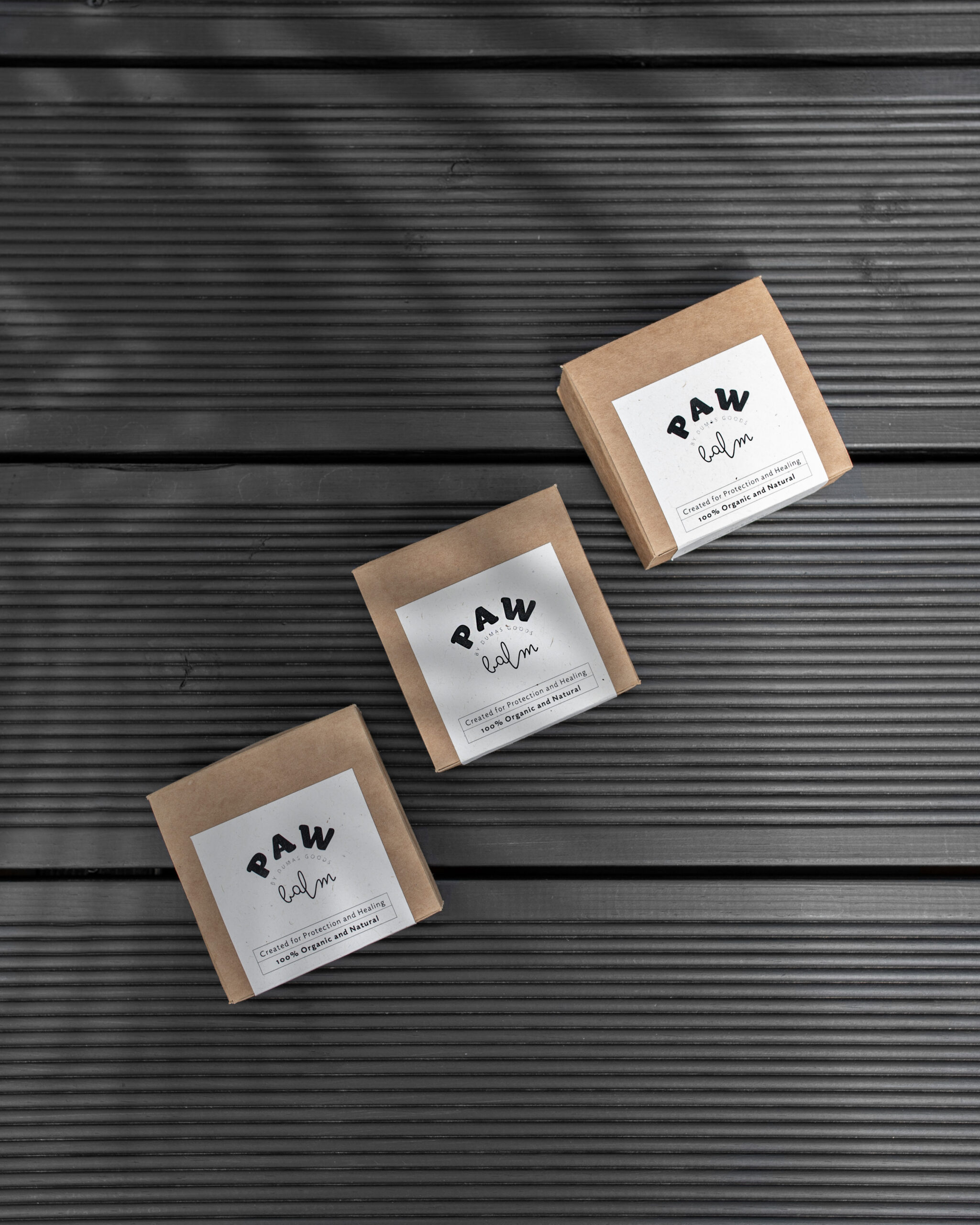 DumasGoods-dog-nose-balm-cream-travel-care-pets Paw Balm on black wooden surface with Palm tree shadow