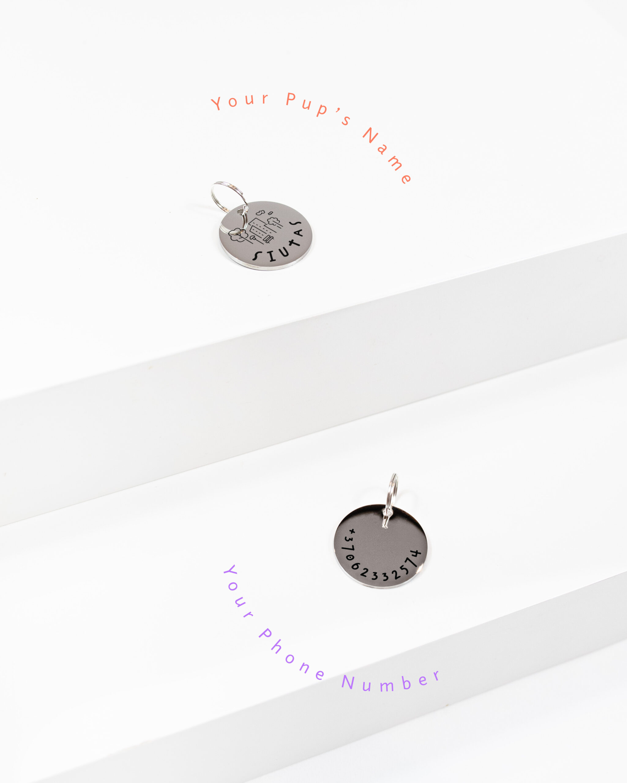 DumasGoods-Engraved-pendant-City-dog-name-phone-number Silver personal Dog Pendant with city design and phone number on the other side