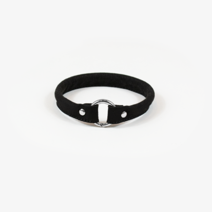Black round microfiber house collar with a stainless steel opening ring at the middle of the collar.