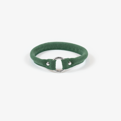 Green round microfiber house collar with a stainless steel opening ring at the middle of the collar.