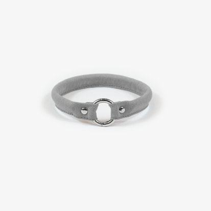 Grey round microfiber house collar with a stainless steel opening ring at the middle of the collar.