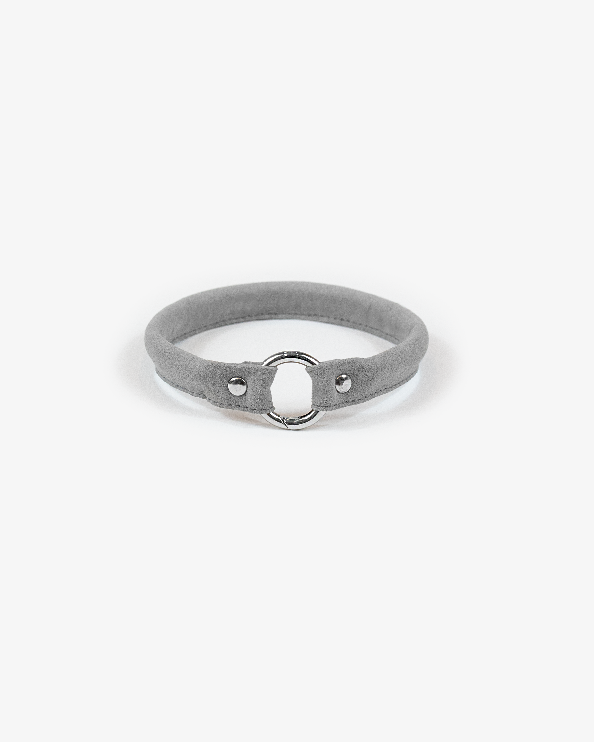 Grey round microfiber house collar with a stainless steel opening ring at the middle of the collar.