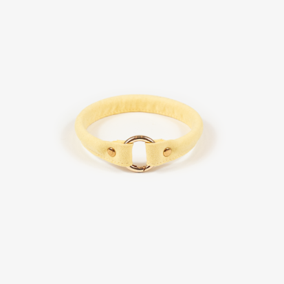 Yellow round microfiber house collar with a stainless steel opening ring at the middle of the collar.