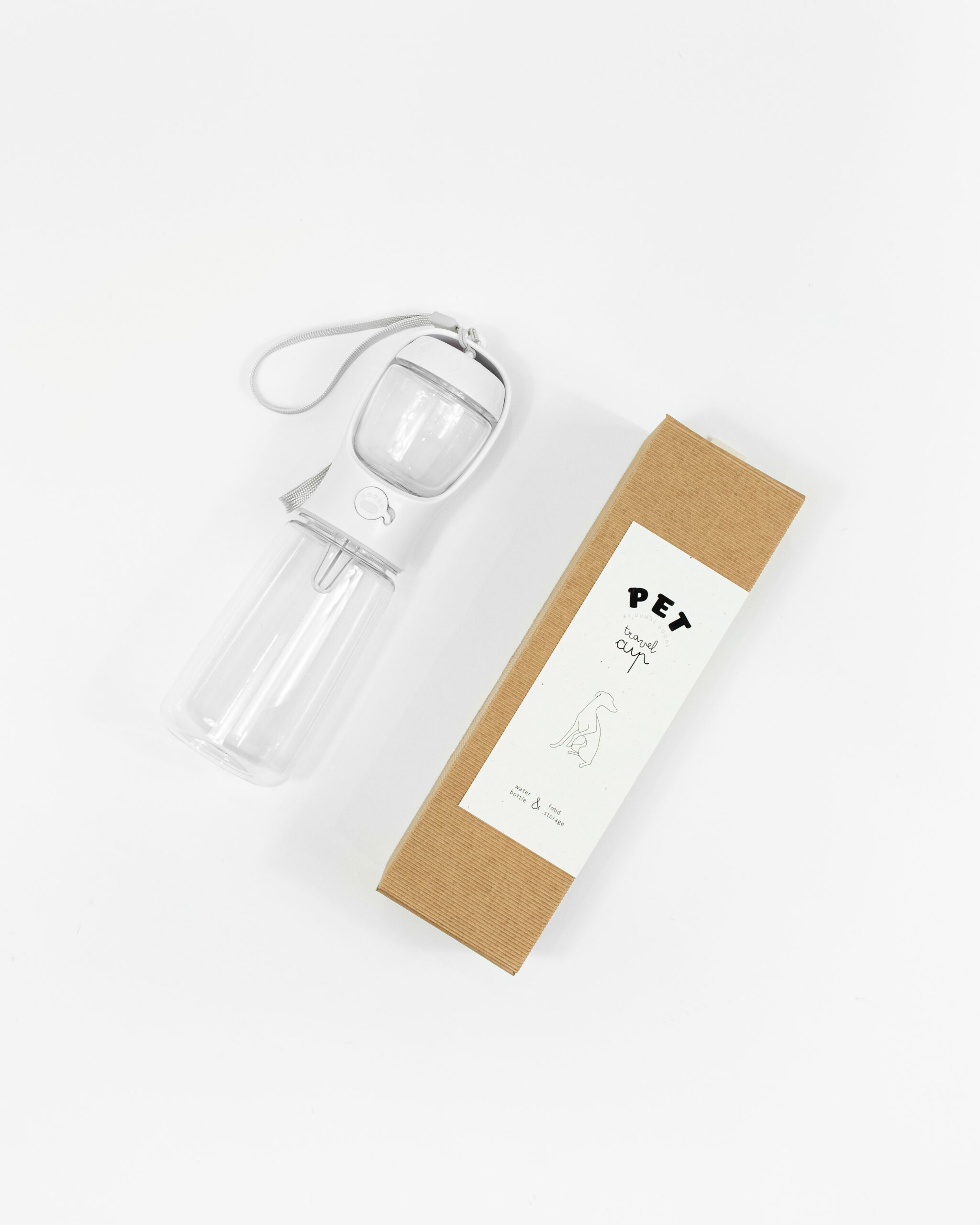 The composition of Travel Cup and it's packaging. The water bottle and the food storage displayed together.