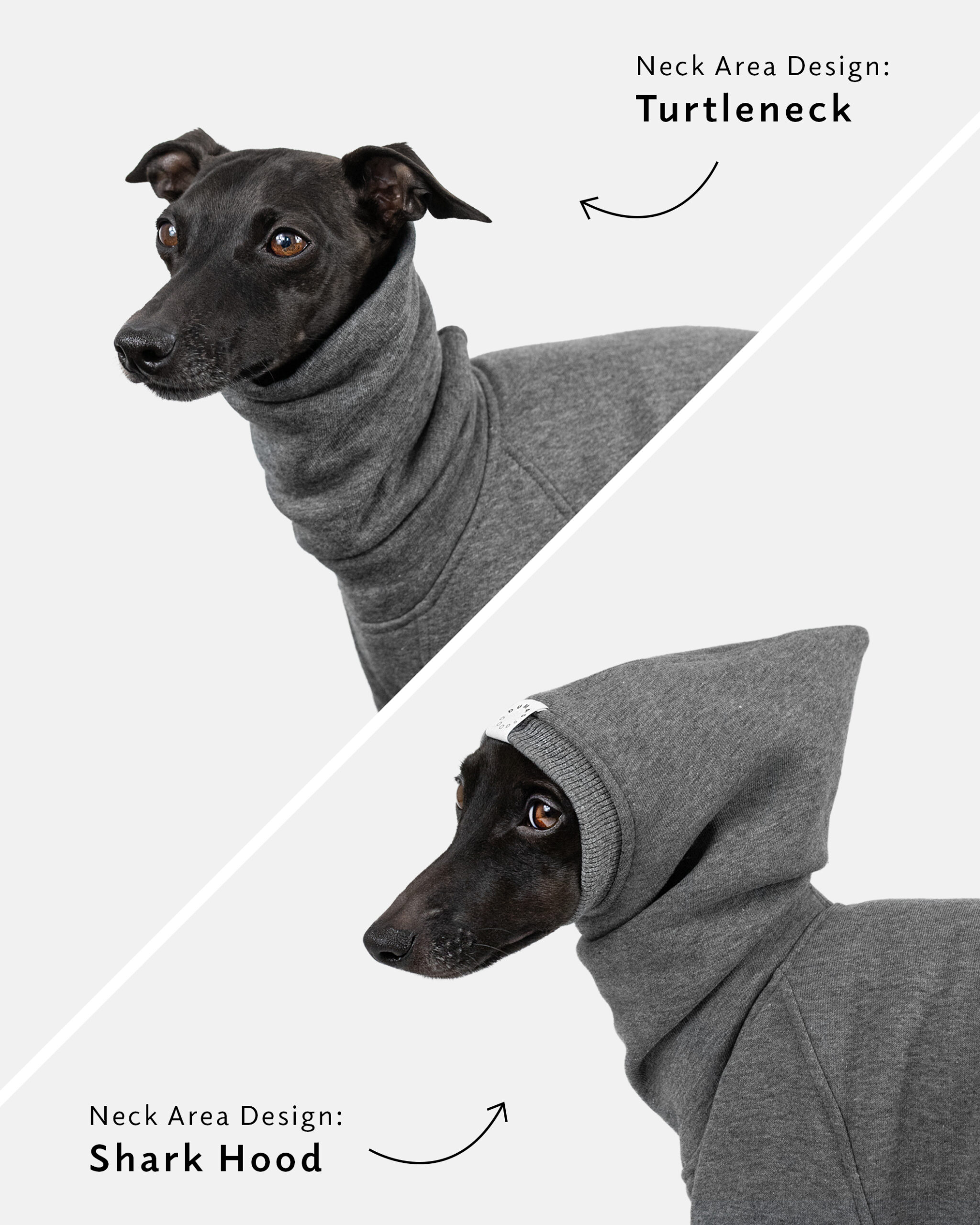 DumasGoods-Neck-design-turtle-hood The demonstration of Neck area design for 4 sleeves jumpsuit of italian greyhound